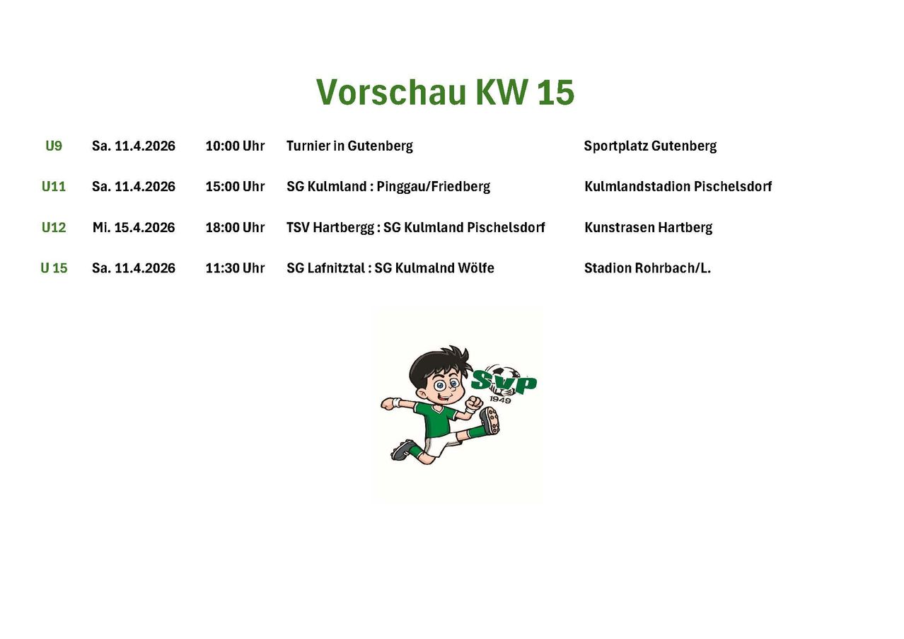 Schedule for week 15 with dates and times. First match at 10:00 AM, followed by matches at 15:00 PM, 18:00 PM, and 11:30 AM. Locations include Turnier in Gutenberg, Kulmlandstadion Pischelsdorf, Kunstrasen Hartberg, and Stadion Rohrbach/L.