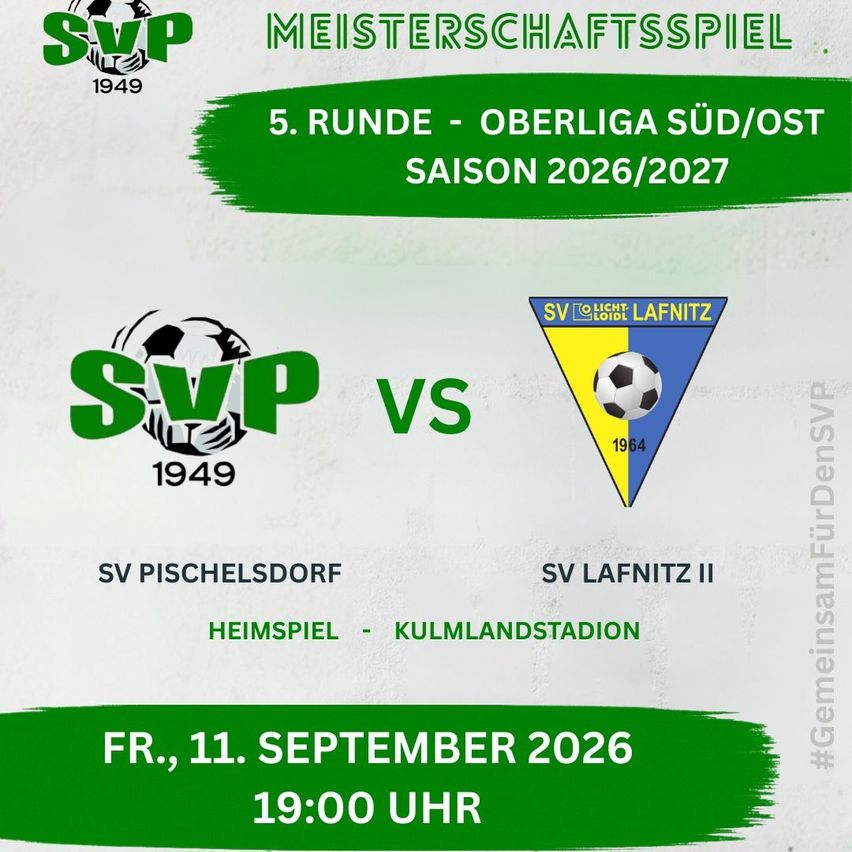Soccer match poster for the 5th round of the Oberliga Sud/Ost season 2026/2027, featuring SV Pischelsdorf vs. SV Lafnitz II. The match is scheduled for Friday, September 11, 2026, at 19:00.
