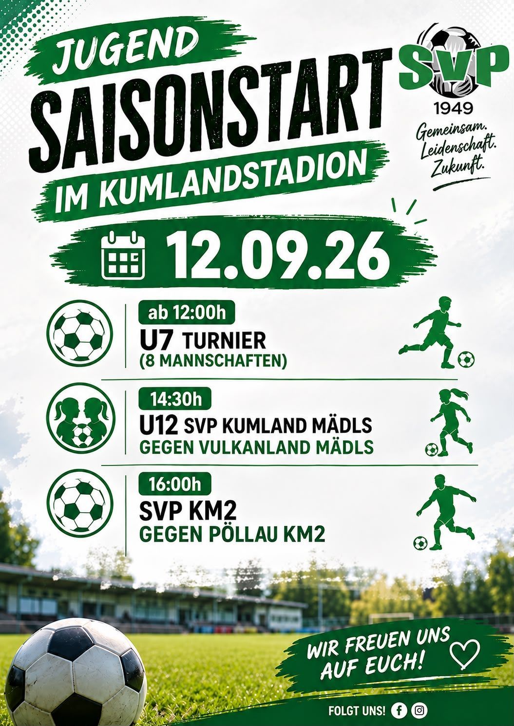 Poster for a soccer tournament on September 12, 2026, at Kumland Stadium. Matches include U7, U12 girls, and SVP KM2.