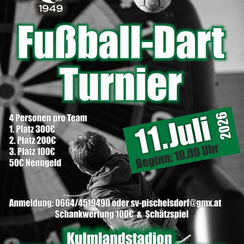 Poster for a football-dart tournament in 1949, featuring a boy aiming at a dartboard. The event is scheduled for July 11, 2026, with registration details and prizes listed.