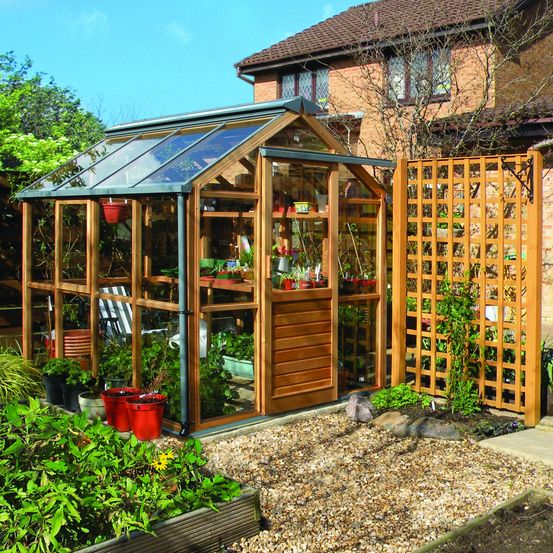 Ein freistehendes Holzgewächshaus mit Glasdach und -wänden befindet sich in einem Garten. Das Gewächshaus hat Regale, Töpfe und Pflanzen im Inneren.