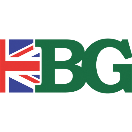 BG Logo mit Union Jack und grünem Text auf schwarzem Hintergrund