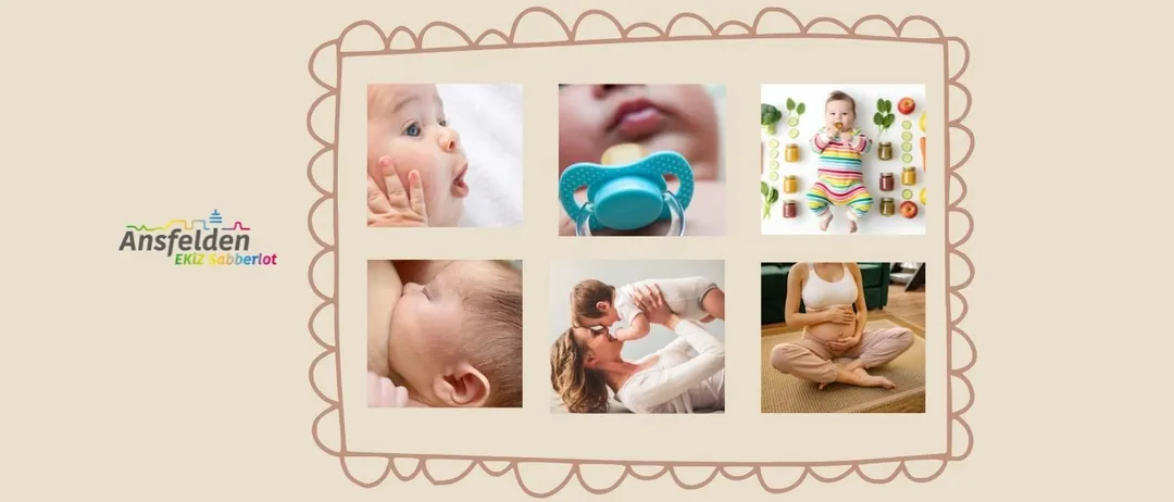 Eine Collage von Bildern rund um Babys und Mutterschaft, mit einem Baby, einem Schnuller, einem gefütterten Baby, einer schwangeren Frau und einem Baby mit Lebensmitteln.