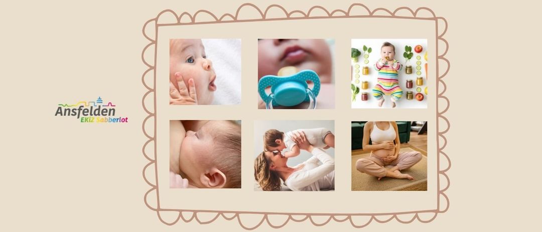 Eine Collage von Bildern rund um Babys und Mutterschaft, mit einem Baby, einem Schnuller, einem gefütterten Baby, einer schwangeren Frau und einem Baby mit Lebensmitteln.