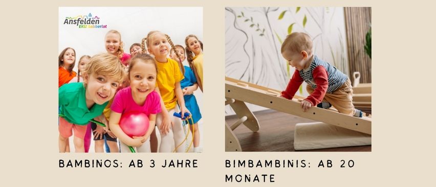 Zwei Bilder von Kindern, eines mit einer Gruppe lächelnder Kinder und das andere von einem Baby, das eine Holzrutsche erklimmt. Das erste Bild hat den Text 'BAMBINOS: AB 3 JAHRE' und das zweite 'BIMBAMBINI: AB 20 MONATE'.