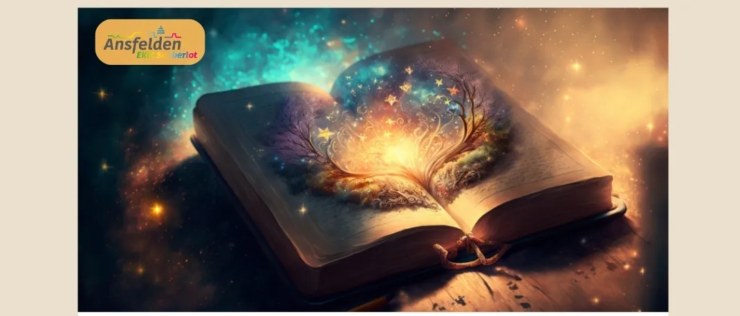 Ein offenes Buch mit einem leuchtenden Baum darin, umgeben von Sternen und einem kosmischen Hintergrund. Der Text lautet 'Aktionstag: Gittis Abendgeschichten' mit Details zur Veranstaltung.