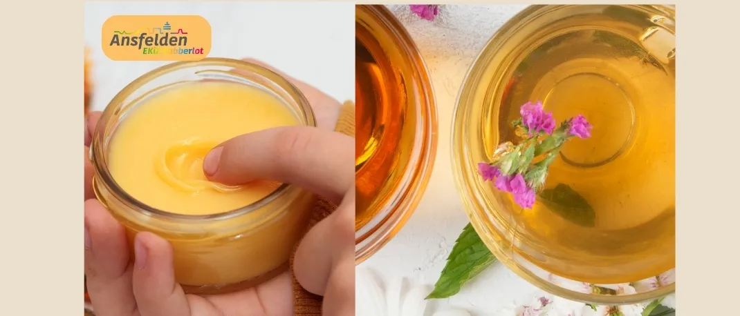 Eine Werbung für einen Workshop in der Blumenapotheke Trauner, mit einer Hand, die einen Glaskrug mit gelber Creme und einer Tasse Kräutertee mit Blumen hält, die ein praktisches Erlebnis für Kinder im Alter von 5-12 Jahren fördert.