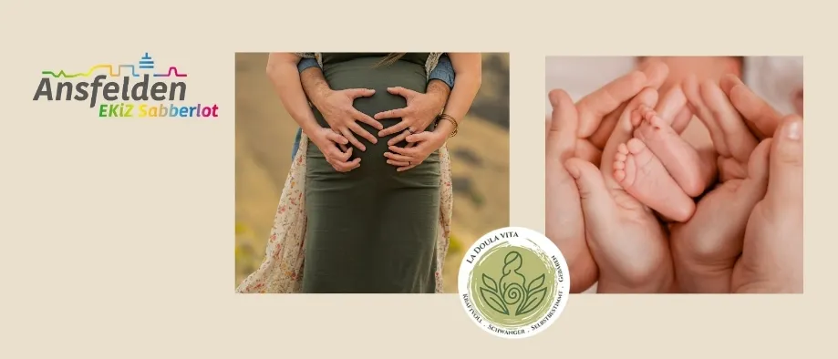 Ein Werbebild für ein Baby-Special, das eine schwangere Frau und ein Paar Hände zeigt, die die Füße eines Babys halten. Das Bild enthält Logos für Ansfelder und La Dolce Vita.