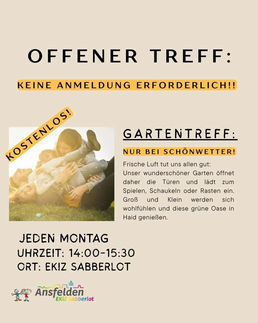 Plakat für offene Gartentreffen. Keine Anmeldung erforderlich. Nur bei schönem Wetter. Zeit: 14:00-15:30. Ort: EkiZ Sabberlot.
