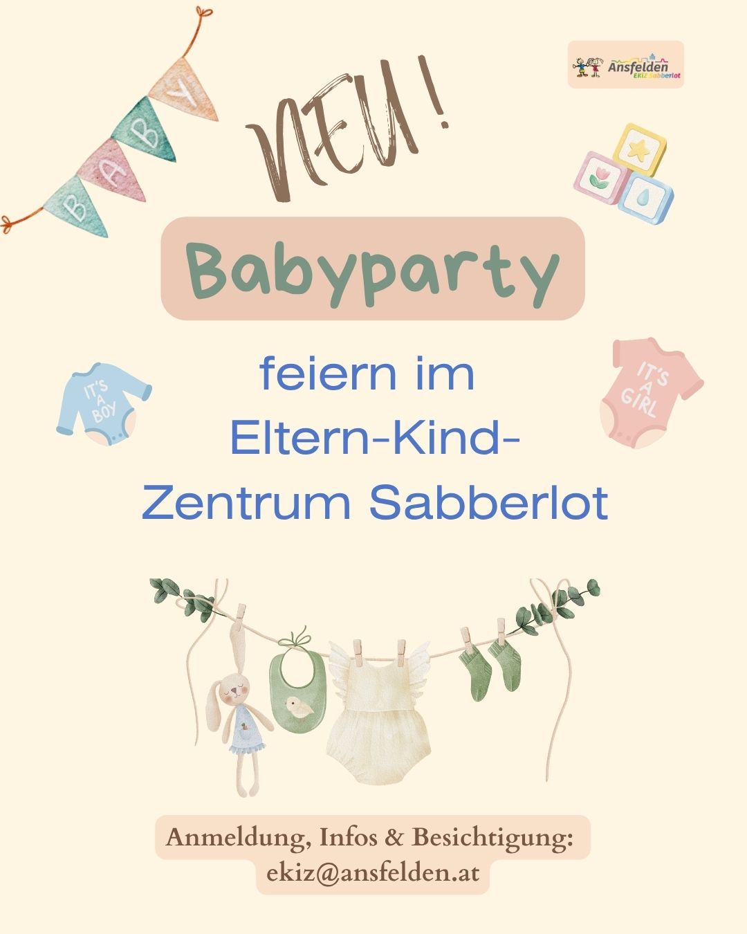 Plakat für eine Babyparty im Eltern-Kind-Zentrum Sabbärlot. Es zeigt ein Banner, Babykleidung und Spielzeug.