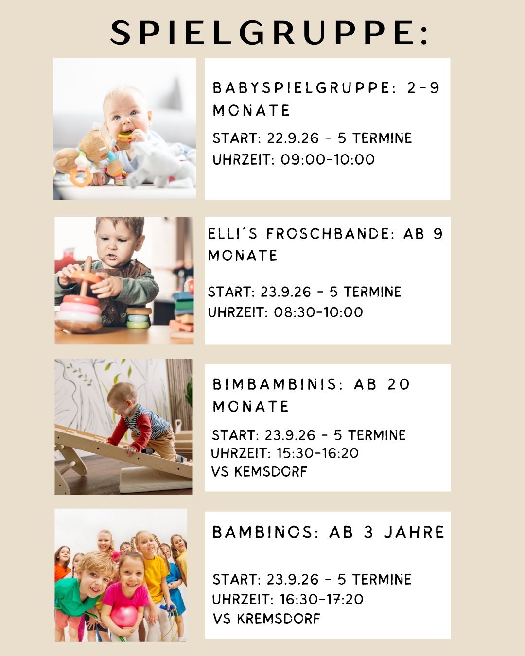 Plakat mit vier Abschnitten, die verschiedene Spielgruppenpläne für Kinder beschreiben. Jeder Abschnitt enthält den Namen der Gruppe, das Alter, Startdatum, Zeit und Ort.