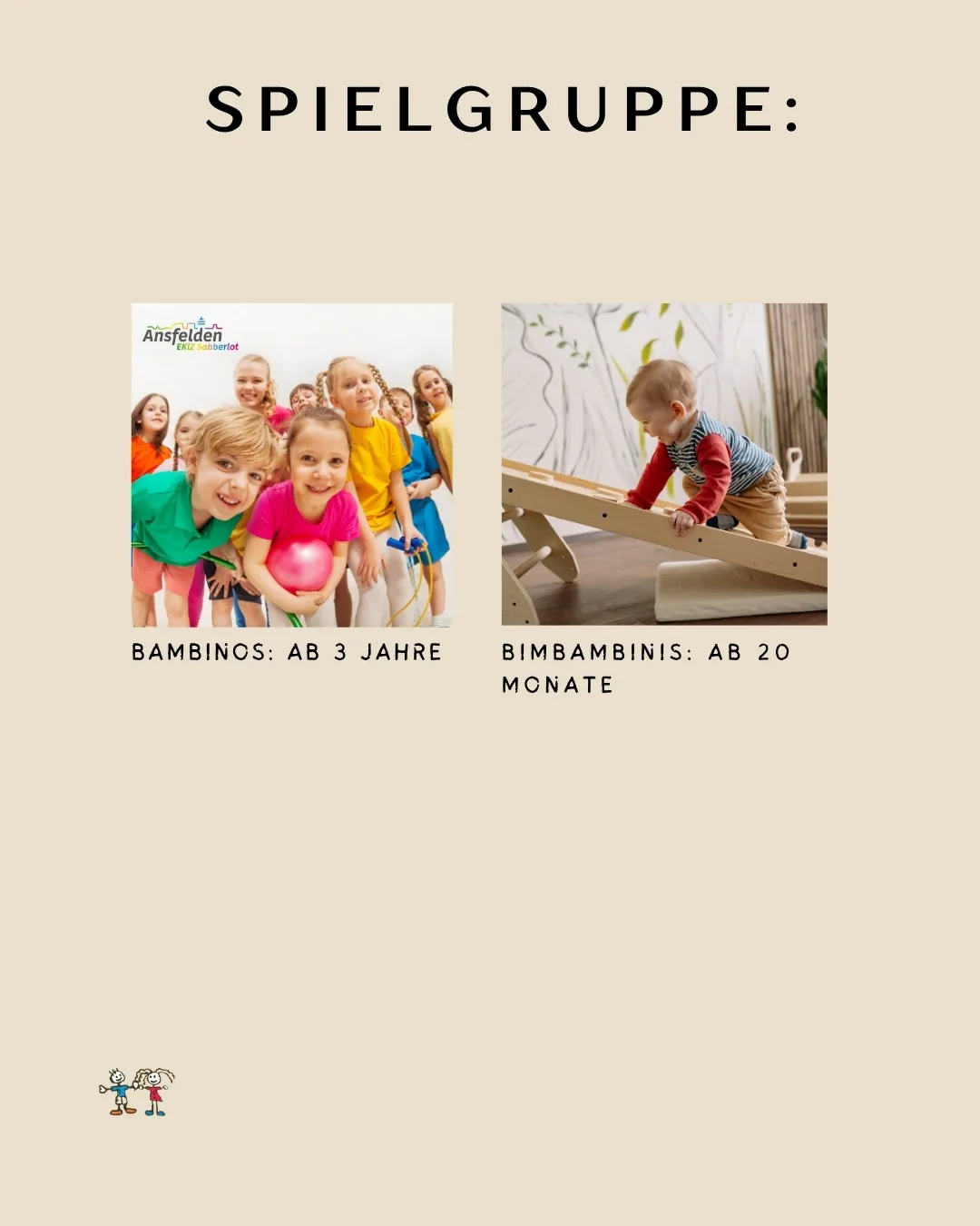 Zwei Bilder von Kindern. Das erste zeigt eine Gruppe von Kindern, die mit einem Ball spielen. Das zweite zeigt ein Baby, das eine Holzrutsche erklimmt.