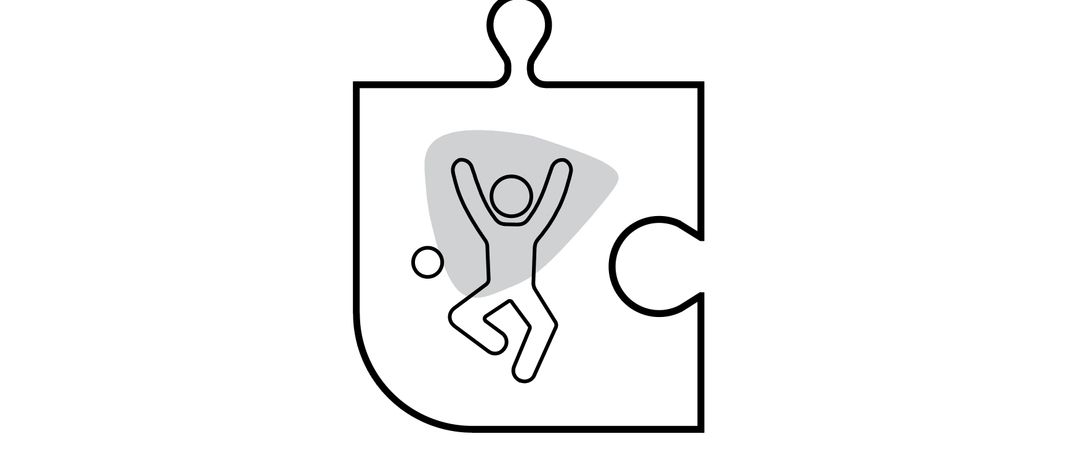 Eine Silhouette einer Person in einem Puzzle-Stück, springt und hält einen Ball.