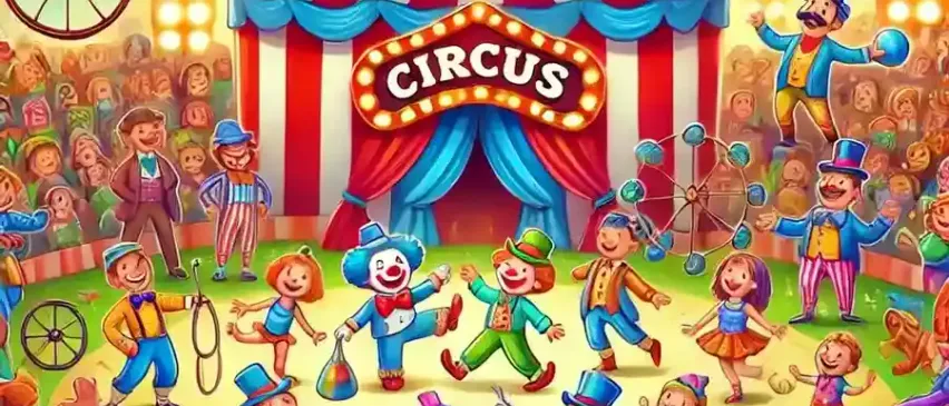 Illustration eines Zirkus mit Clowns, Akrobaten und Pferden in einer bunten Umgebung. Ein großes Zelt und viele bunte Ballons sind vorhanden.