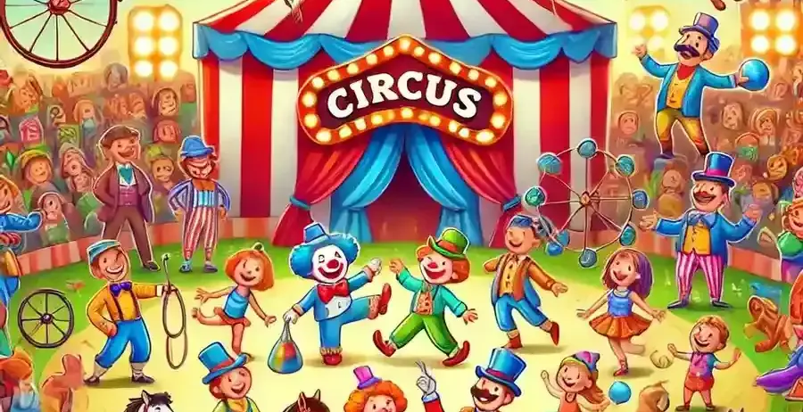 Illustration eines Zirkus mit Clowns, Akrobaten und Pferden in einer bunten Umgebung. Ein großes Zelt und viele bunte Ballons sind vorhanden.