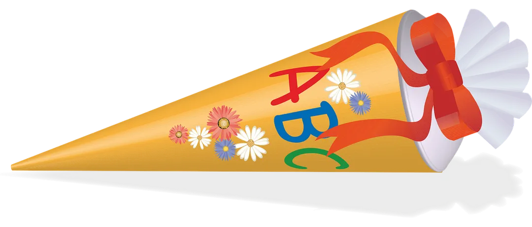 Ein orangefarbener Megaphon mit den Buchstaben ABC, verziert mit Blumen und einem roten Band.
