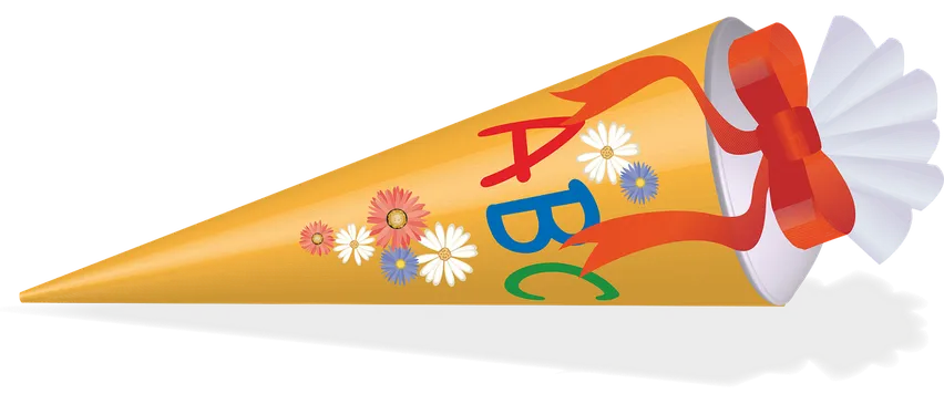 Ein orangefarbener Megaphon mit den Buchstaben ABC, verziert mit Blumen und einem roten Band.
