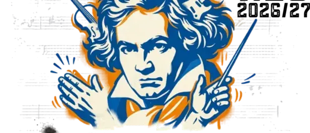 Eine stilisierte Illustration von Beethoven mit Musikinstrumenten, vor einem dunklen Hintergrund. Der Text lautet 'Nachtmusikkonzert für junges Publikum'.