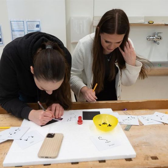 Zwei Frauen arbeiten an einem Projekt und verwenden Stifte und Papier mit Mustern. Eine Frau konzentriert sich auf das Schreiben, während die andere ihre Arbeit betrachtet.