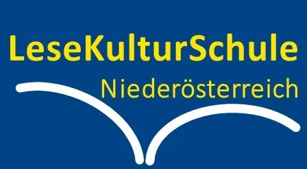 Der blaue Hintergrund zeigt die Worte 'LeseKulturSchule Niederosterreich' in Gelb, mit einem offenen Buchsymbol unter dem Text.