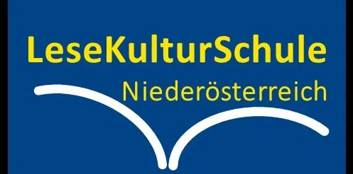 Der blaue Hintergrund zeigt die Worte 'LeseKulturSchule Niederosterreich' in Gelb, mit einem offenen Buchsymbol unter dem Text.