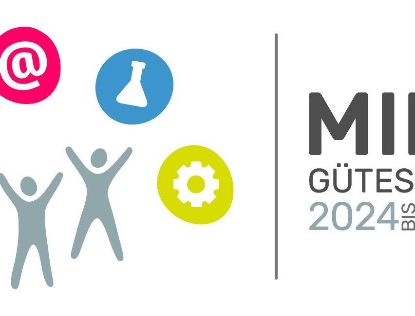 Illustrationen von Symbolen und Menschen mit dem Text 'MI Gute 2024'. Symbole umfassen E-Mail, Laborkolben und Zahnrad.