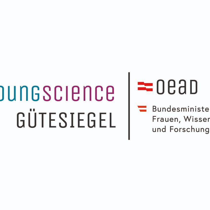 Das Bild zeigt ein Logo für 'Young Science', das ein Siegel und den Text 'Gütesiegel' enthält. Das Logo wird durch den Text 'oEAD' und 'Bundesministerium Frauen, Wissen und Forschung' ergänzt.