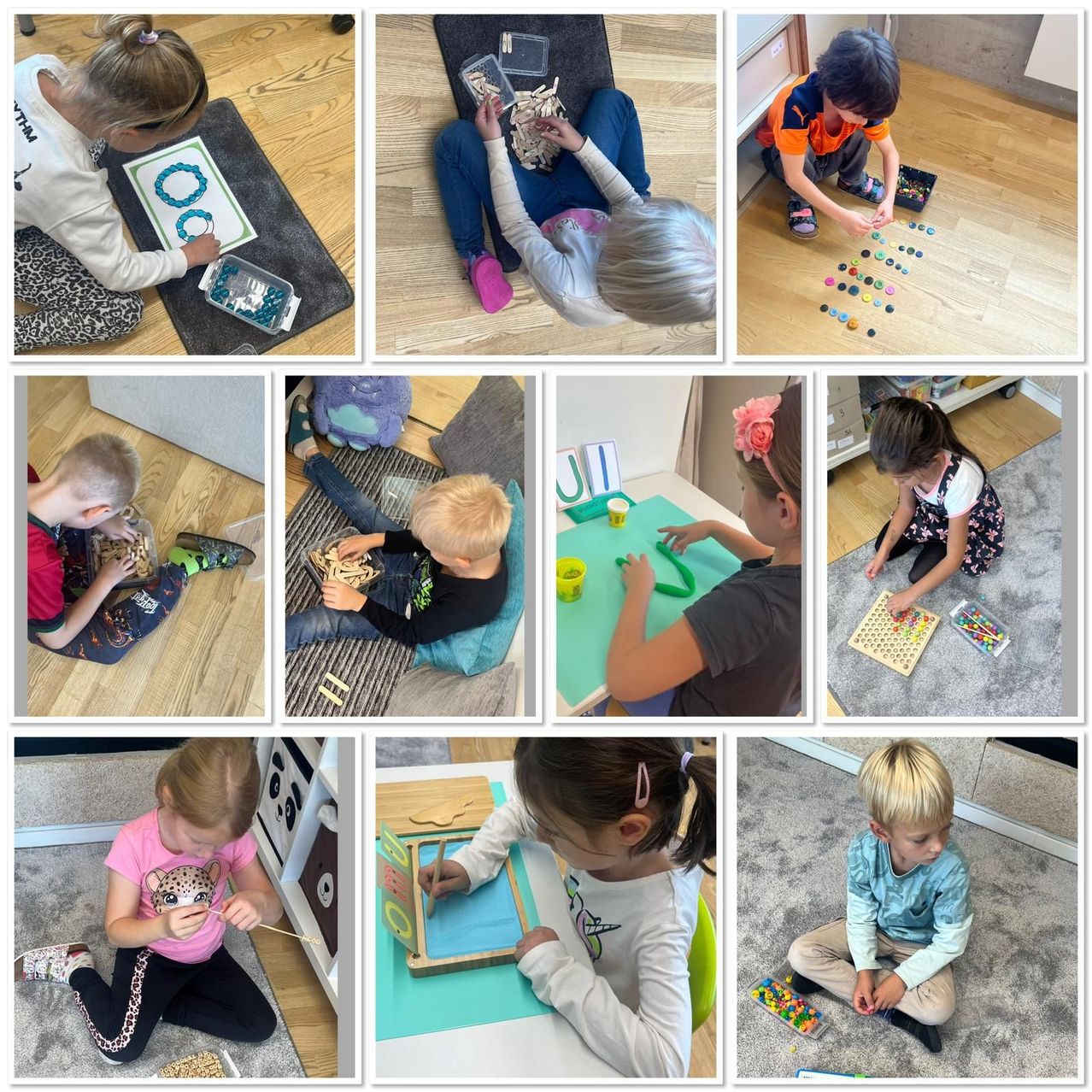 Eine Collage von Kindern, die verschiedene Aktivitäten ausüben, einige sortieren Perlen, andere spielen mit Holzklötzen und ein Kind arbeitet an einem Puzzle auf einem Tisch.