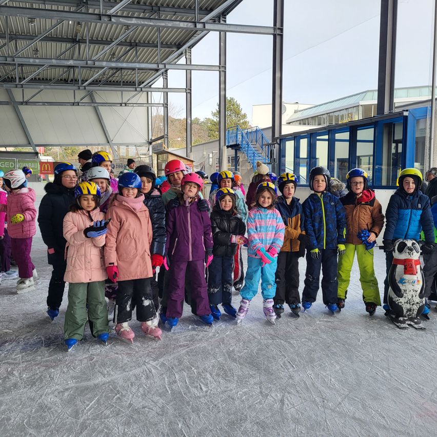 Eine Gruppe von Kindern in Winterkleidung und Helmen steht auf einer Eisbahn, mit einem Pinguin-Maskottchen vorne.
