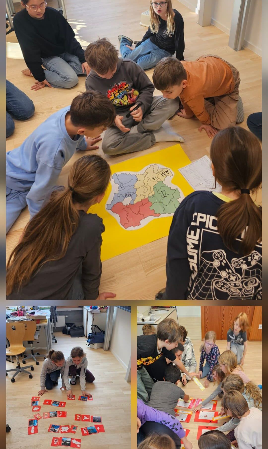 Schüler sitzen auf dem Boden um eine gelbe Karte herum, wahrscheinlich in Diskussion. Einer schaut auf die Karte, während ein anderer ein Handy hält.