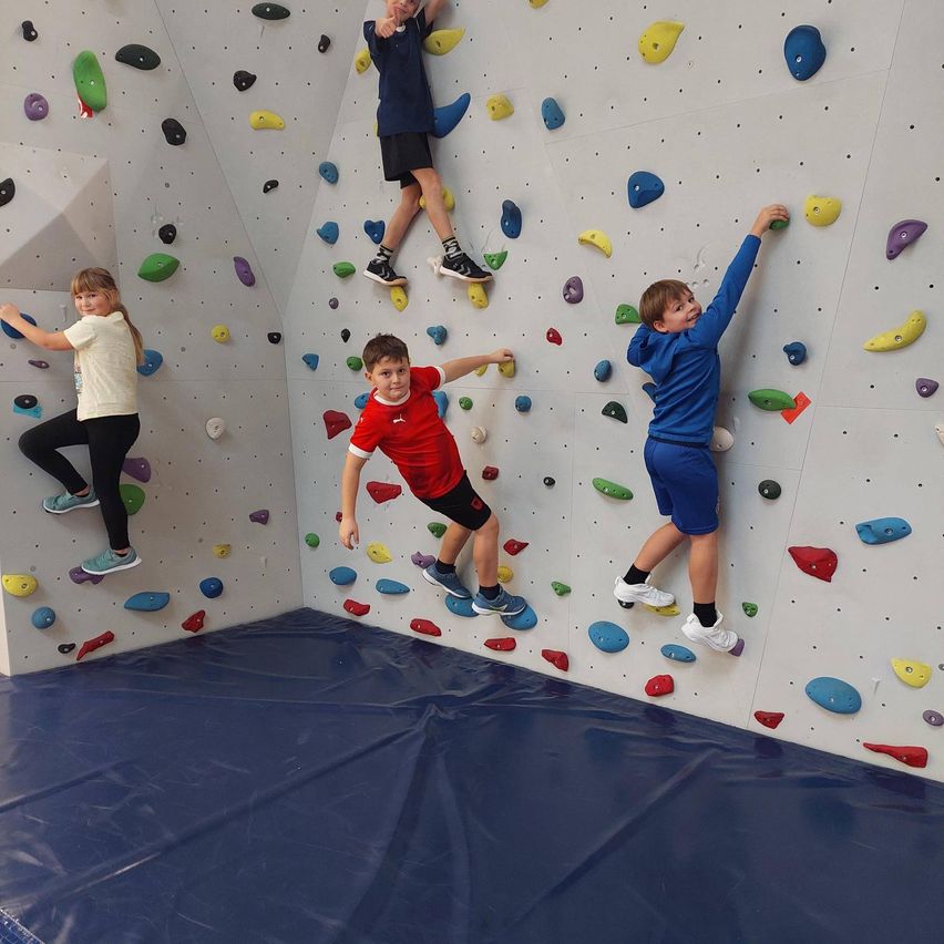 Vier Kinder klettern auf einer bunten Kletterwand mit verschiedenen Formen und Farben. Sie tragen Turnschuhe und scheinen Spaß zu haben. Die Wand ist von einem blauen Teppich auf dem Boden umgeben.