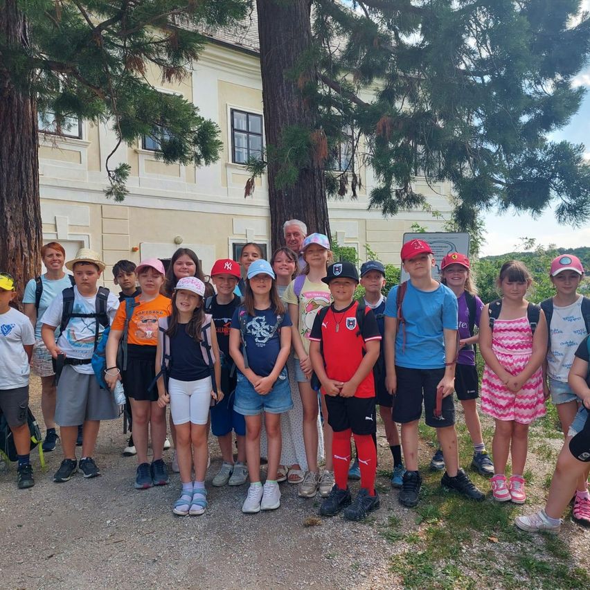 Eine Gruppe von Kindern mit Mützen und Rucksäcken steht vor einem Gebäude mit einem Baum. Einige tragen Turnschuhe und andere haben Accessoires.
