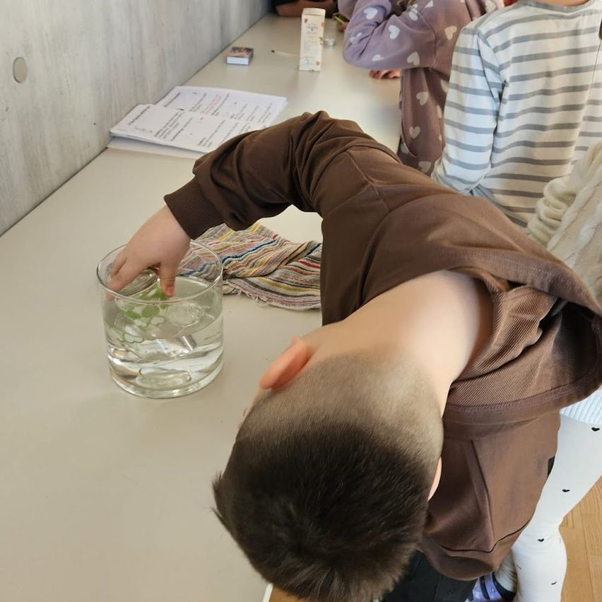 Ein Junge beugt sich über einen Tisch und beobachtet ein Glas mit Eiswürfeln. Hinter ihm sitzen zwei Kinder auf Stühlen. Papiere und eine Schachtel liegen auf dem Tisch.