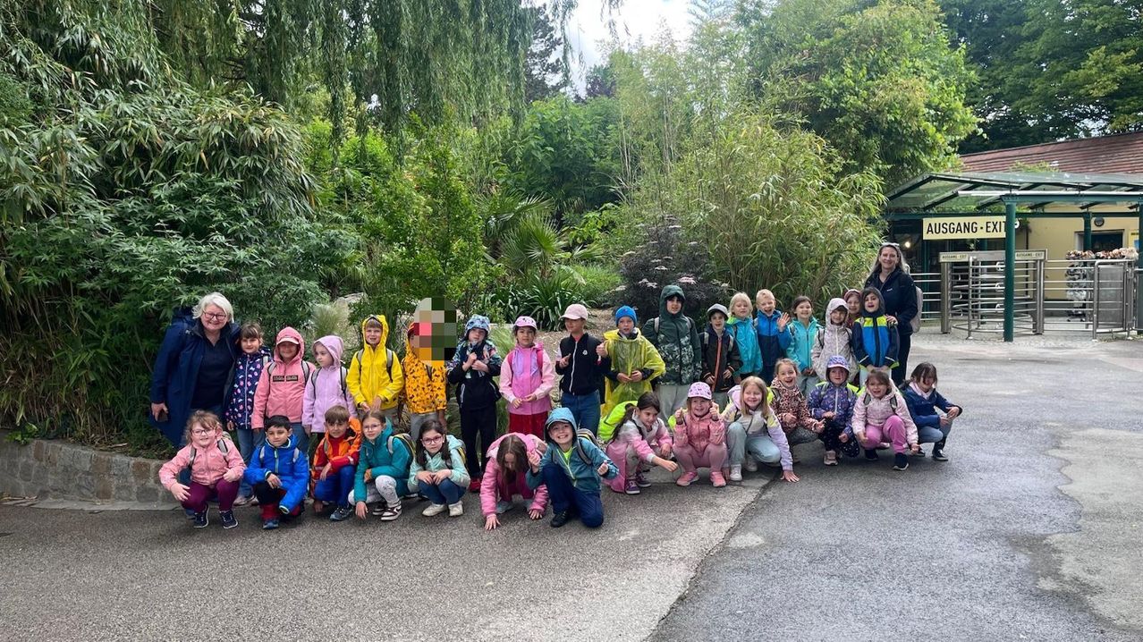 Eine Gruppe von Kindern in Regenmänteln und Mützen, einige in Hockstellung, posiert für ein Foto in einem Außenbereich mit Straße, umgeben von viel Grün.