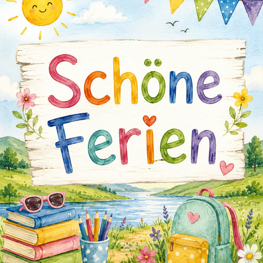 Ein Poster mit dem Text 'Schone Ferien' mit einem Holzschild, bunten Büchern, Stiften und einem Rucksack auf einer grünen Wiese mit Blumen. Im Hintergrund sind eine sonnige Himmel, Berge und ein See.