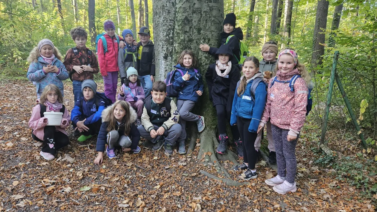 Eine Gruppe von Kindern in Winterkleidung posiert für ein Foto im Wald. Einige halten einen weißen Eimer, und einer steht auf einem Baumstamm.