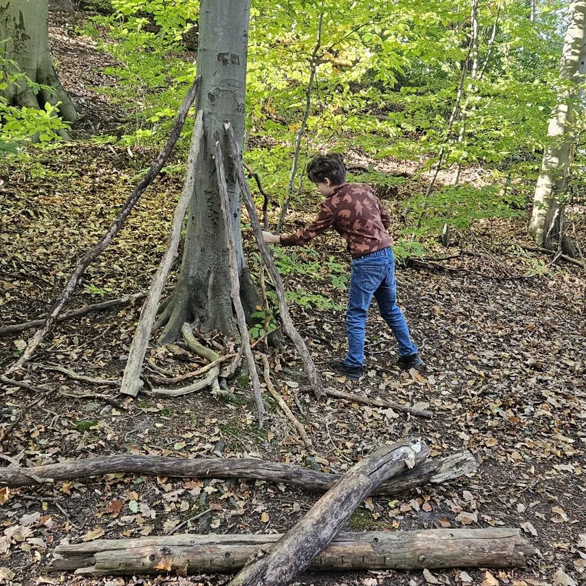 Ein junger Junge in einer Tarnjacke und Jeans steht in einem Wald und untersucht einen Baum mit einer Stockstruktur, die um seine Basis herum gebaut wurde.