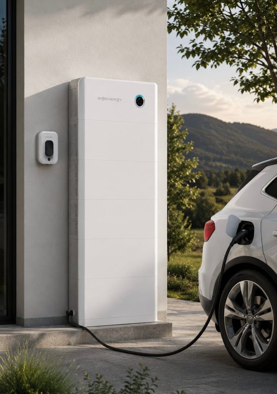 Ein weißes Elektrofahrzeug wird an einer Hausladestation aufgeladen. Der Ladekabel ist an das Auto angeschlossen, und die Station hat ein weißes Äußeres mit einem Logo. Das Auto ist auf einem Einfahrtsbereich geparkt, mit grünem Rasen und einem Baum im Hintergrund.
