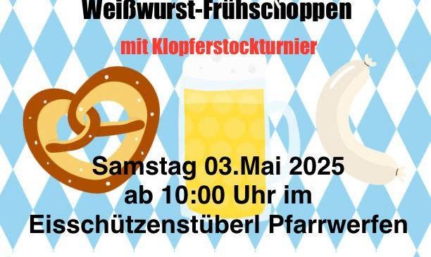 Ein blau-weißes Poster mit Rautenmuster bewirbt ein Würstchenfrühstück am 3. Mai 2025 ab 10:00 Uhr. Es zeigt eine Brezel, ein Bierglas und eine Wurst. Auch Nicht-Mitglieder sind herzlich willkommen.