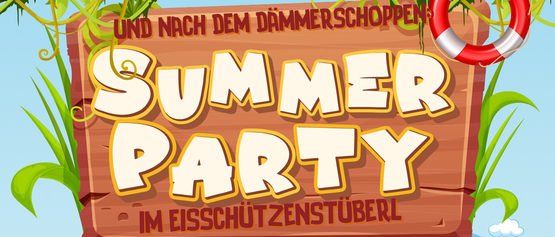 Ein Plakat, das eine Sommerparty am 22. August 2025 um 21:30 Uhr ankündigt. Es zeigt Palmen, Cocktails und ein Strandschild.