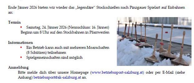 Veranstaltungsankündigung für das legendäre Stockschießen nach Pinzgauer Spielart auf Eis, geplant für den 24. Jänner 2026. Anmeldung über Webseite oder E-Mail. Gebühren und Details werden später bekanntgegeben.