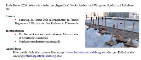 Veranstaltungsankündigung für das legendäre Stockschießen nach Pinzgauer Spielart auf Eis, geplant für den 24. Jänner 2026. Anmeldung über Webseite oder E-Mail. Gebühren und Details werden später bekanntgegeben.