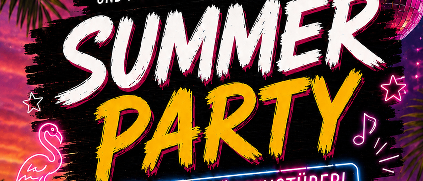 Ein leuchtendes Plakat, das eine Sommerparty im Eisschutzenklub am 14. August ab 21:30 Uhr ankündigt. Das Plakat zeigt einen neonfarbenen Flamingo, ein Kalendersymbol und ein Schild mit coolen Getränken. Der Hintergrund besteht aus einer Mischung aus lila und rosa Farbtönen mit einer Discokugel und Sternen.