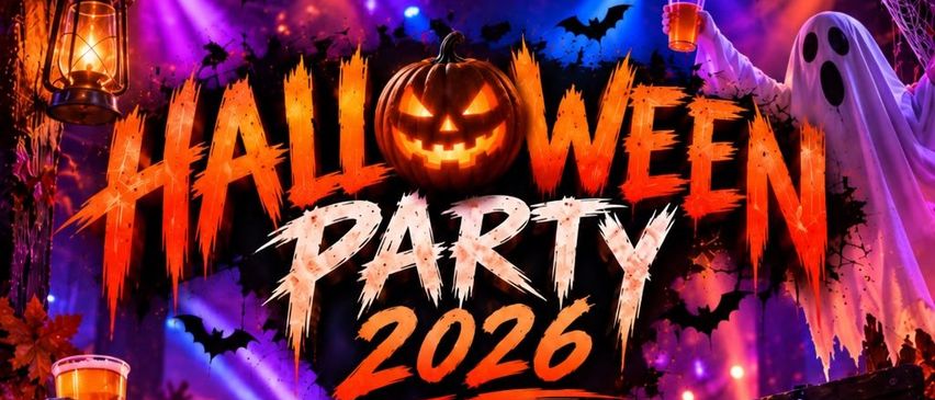 Halloween Party 2026 Plakat mit einem Skelett, das ein Bier hält, Kürbisse und einen Eimer mit Flaschen. Das Poster zeigt Datum, Uhrzeit und Ort.