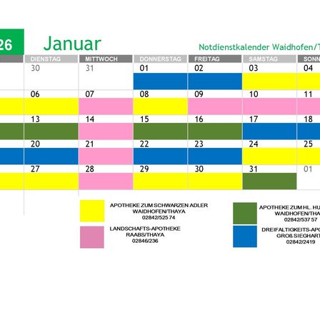 Das Bild zeigt einen Kalender für Januar mit Wochentagen, Datum und Apotheken-Notdienstplänen. Jeder Tag hat eine andere Farbe, die die Verfügbarkeit der Apotheke anzeigt.