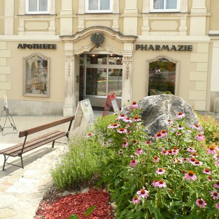 Bild enthält, Path, Walkway, Flagstone, Building, Bench, Flower, Geranium, Plant, Herbal, Potted Plant