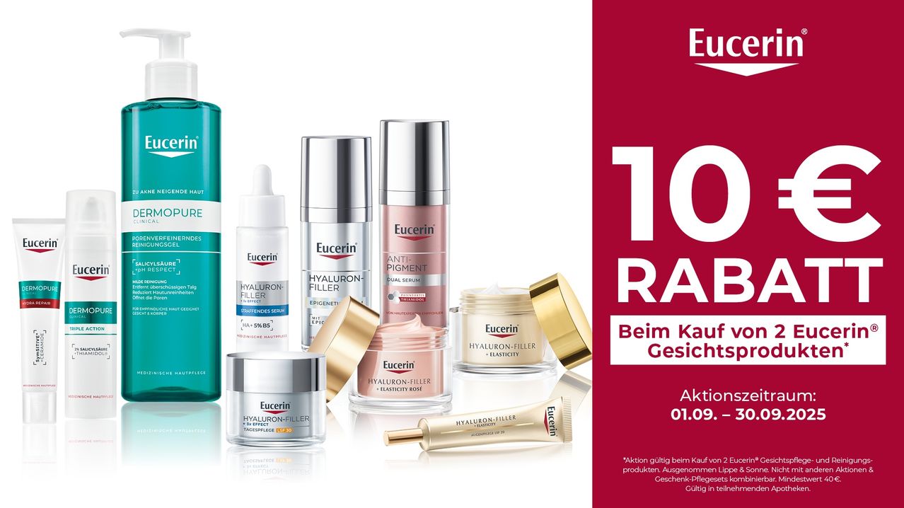 Eucerin Hautpflegeprodukte werden ausgestellt, einschließlich Seren, Gesichtscremes und eine Gesichtsmaske, mit dem Text '10% RABATT BEIM KAUF' und 'KAUFEN'.