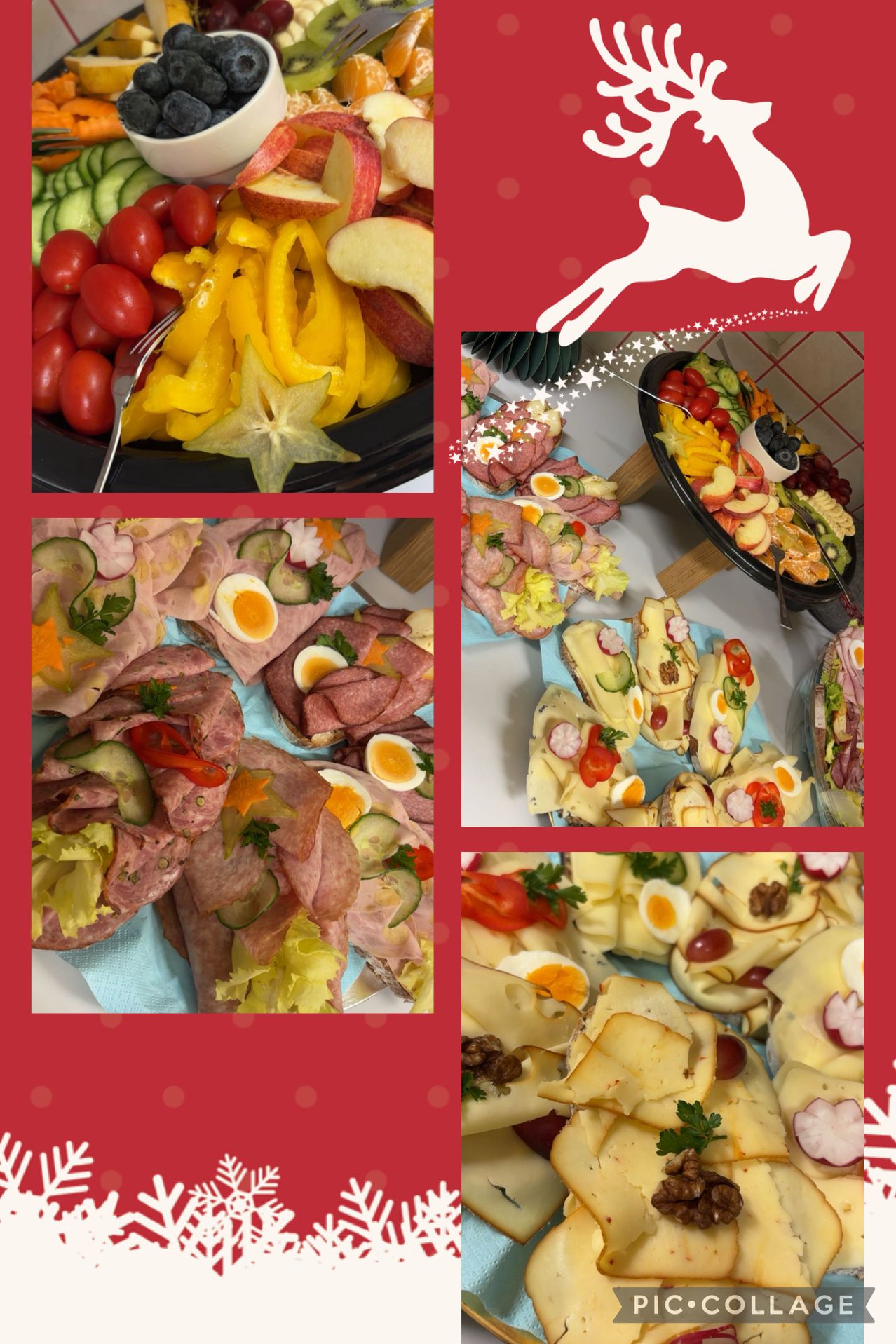 Eine Collage verschiedener Speiseplatten mit Fleisch, Eiern, Gemüse und Obst, angeordnet auf einem festlichen roten Hintergrund.