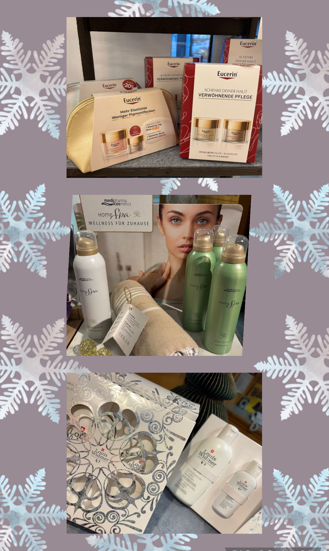 Eine Collage von Schönheitsprodukten, einschließlich Hautpflege, Badeprodukten und einer Geschenktasche mit Schneeflockendekorationen. Oben links ist eine goldene Tasche zu sehen, in der Mitte ein Gesicht mit Produkten und unten rechts eine Geschenkbox.