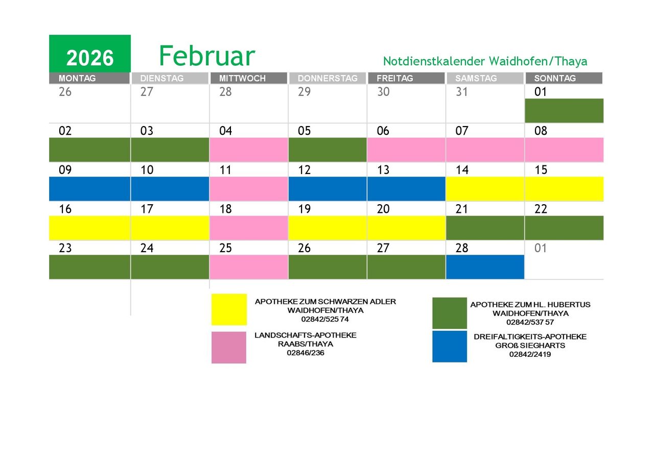 Das Bild zeigt einen Notdienstkalender für Waidhofen/Thaya. Es listet Daten vom 26. Februar bis 1. März mit entsprechenden Tagen und deren jeweiligen Bereitschaftsapotheken. Kontaktnummern sind angegeben.